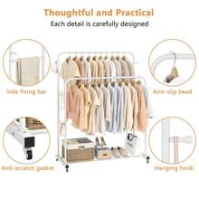 UDEAR Double Rods Garment Rack With Wheels, Clothing Rack For Hanging Clothes,4 Hooks, Multi-Functional Bedroom Clothes Rack, Black,Spring,Minimalist,Summer Tops