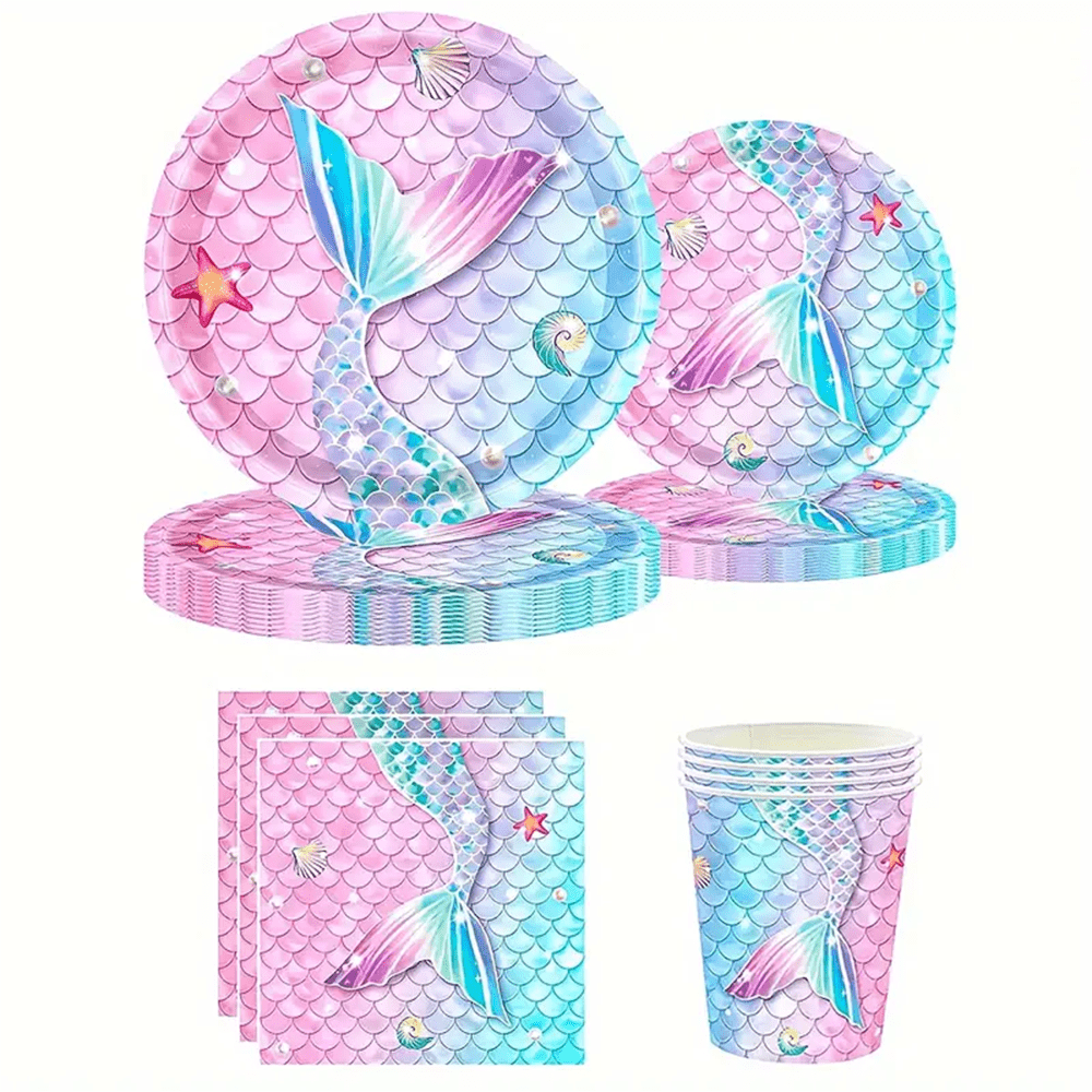 10 pièces Set de décorations pour fête d'anniversaire de sirène, fournitures pour fête de sirène, assiettes en papier jetables, tasses, serviettes, vaisselle pour fête d'été, douche nuptiale, anniversaire