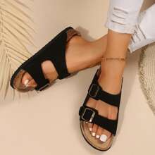 Women's Slip-On Sandals With Adjustable Buckle And Cork Footbed - Comfortable And Stylish Slide Sandals For Any Occasion - 黑色 - 查看 7