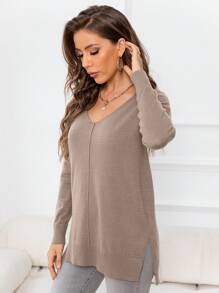 DEARCASE Women's Casual Solid Color V-Neck Drop Shoulder Split Hem Sweater - Khaki - View 1