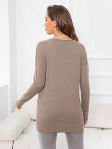 DEARCASE Women's Casual Solid Color V-Neck Drop Shoulder Split Hem Sweater - Khaki - View 2