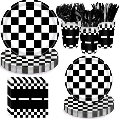 20/60/140PCS Black And White Tile Pattern Table Set - Racer Theme Party Accessories With Plates, Napkins And Cups - Ideal For Birthday Parties And Racing Event Decorations, Table Set | Tile Pattern | Paper Material, Racing Party Decoration