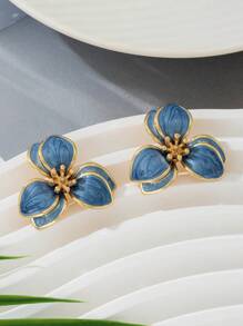 1 Pasang Anting Tusuk Bunga Tetes Minyak Halus untuk Wanita, Cocok untuk Kencan dan Liburan di Hari Valentine - Biru - View 3