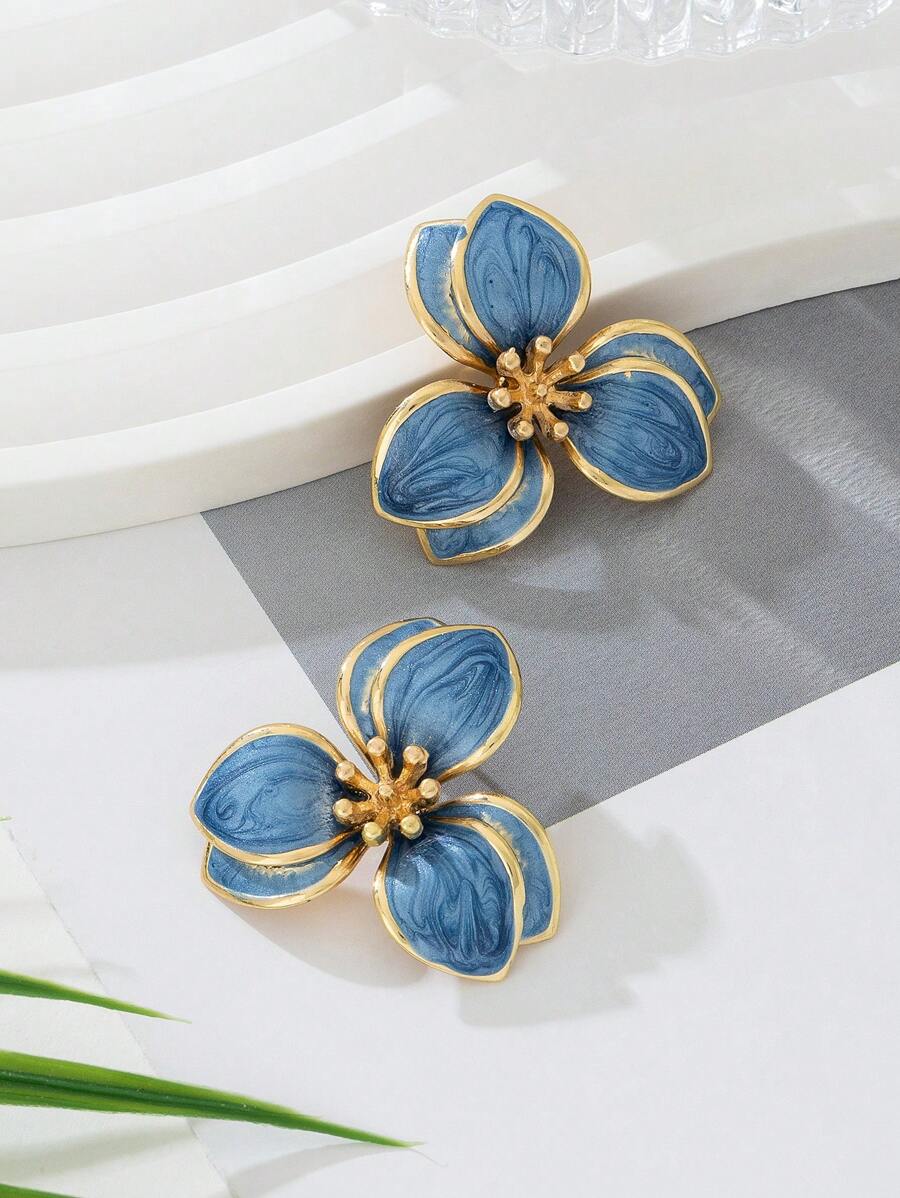 1 Pasang Anting Tusuk Bunga Tetes Minyak Halus untuk Wanita, Cocok untuk Kencan dan Liburan di Hari Valentine - Biru - View 1