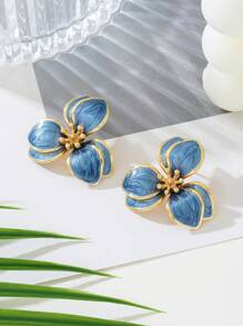 1 Pasang Anting Tusuk Bunga Tetes Minyak Halus untuk Wanita, Cocok untuk Kencan dan Liburan di Hari Valentine - Biru - View 2
