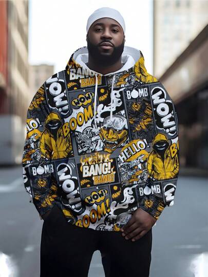 大码 3D 数码印花男式正面抽绳全身涂鸦彩色熊图案连帽衫