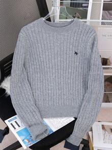 女士优雅纹理圆领毛衣，长袖刺绣套头衫