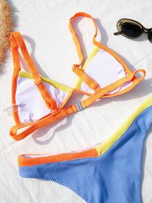 Bikinx Contrast Color Sexy Bikini Set Top & Bottom With Small Ribbeds, Summer Beach Vacation - Blue - View 3