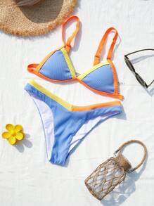 Bikinx Contrast Color Sexy Bikini Set Top & Bottom With Small Ribbeds, Summer Beach Vacation - Blue - View 1