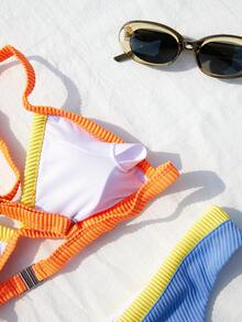 Bikinx Contrast Color Sexy Bikini Set Top & Bottom With Small Ribbeds, Summer Beach Vacation - Blue - View 4