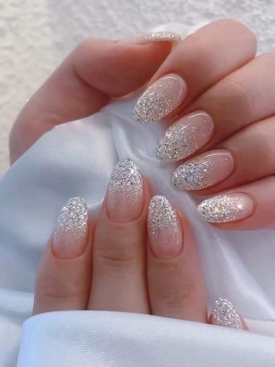 24 piezas de pegatinas de uñas ovaladas con brillo, perfectas para uñas acrílicas. El set incluye: 1 pieza de gel de gelatina y 1 pieza de lima de uñas, adecuado para uñas cortas, para uso diario y de fiesta de mujeres y niñas