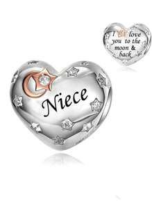 HuooNew 1pc Exquisite 925 Sterling Silver "I Love You To The Moon And Back" Heart Shaped Beaded Charm, Suitable For Family, Party & Gift - Silver - View 16