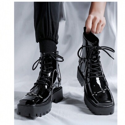 Men's Lace-Up Flat-Heeled Boots, Stylish Patent PU Leather Side-Zip High-Top Boots, Comfortable Outdoor Non-Slip All-Season Boots