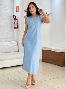 Women's Linen Midi Dress With Pockets Plain Wide Straps Elegant - 淺藍色 - 查看 1