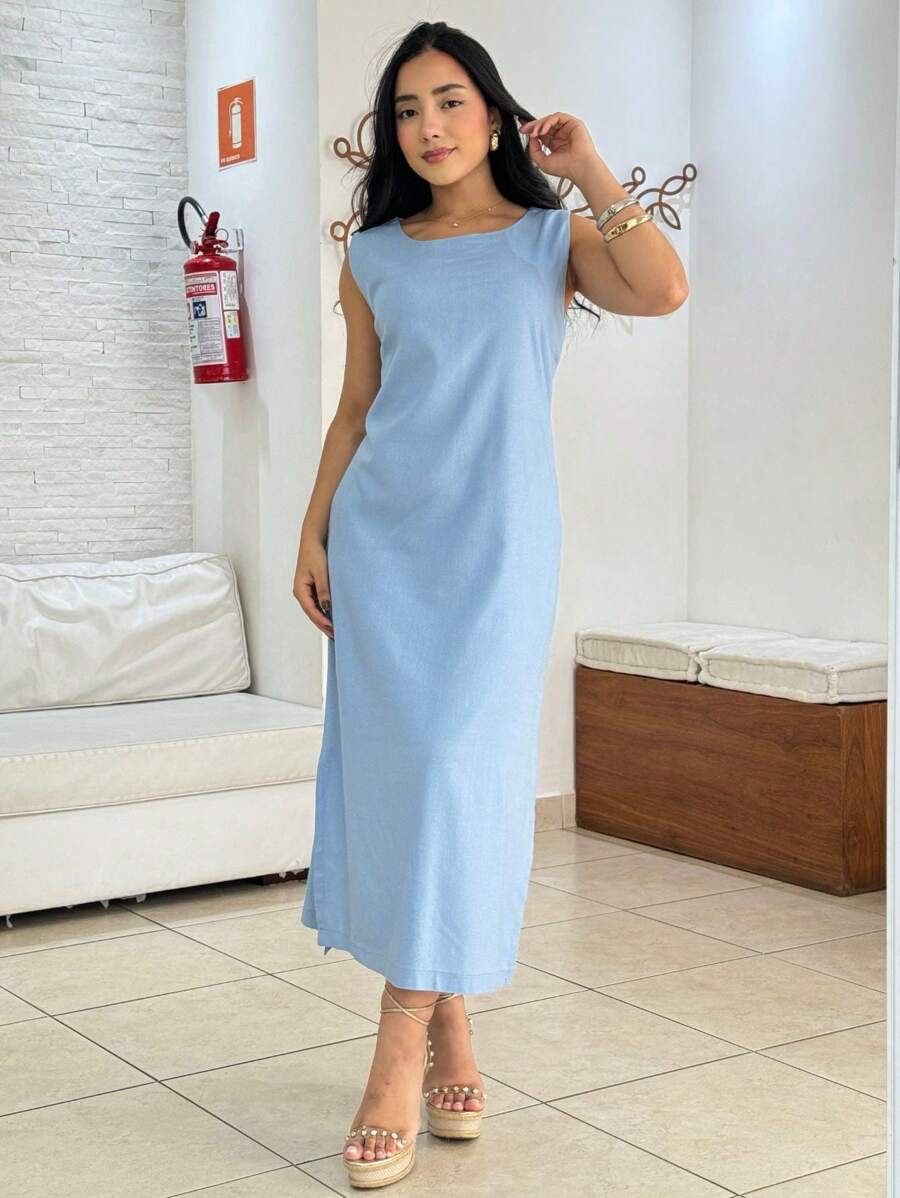 Women's Linen Midi Dress With Pockets Plain Wide Straps Elegant - 淺藍色 - 查看 1
