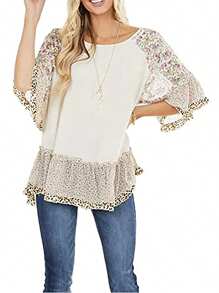 Women's Half Sleeve Blouse, Leopard Floral Printed Patchwork Round Neck Loose Fit Tops, Casual Simple Style Shirt - trắng - Xem 2