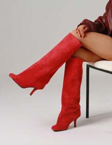 膝盖高靴方头小猫跟细高跟女靴红色绒面革宽小腿长靴高跟休闲正装鞋冬季女式高筒靴红色靴子 - 紅色絨面革 - 查看 5