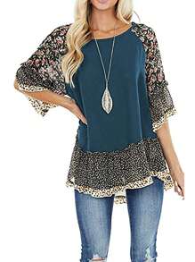 Women's Half Sleeve Blouse, Leopard Floral Printed Patchwork Round Neck Loose Fit Tops, Casual Simple Style Shirt - Màu xanh lam - Xem 3