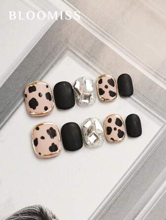 10 片手工制作短款按压指甲，黑色豹纹指甲，可重复使用假指甲美甲用品