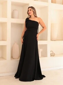 Victoria Long Luxury Dress Plain Duna Linen With Bow One Shoulder - Black - View 5