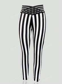 Crossed Waistband Striped Digital Print Leggings, High Waist Stretchy Sport Cropped Pants