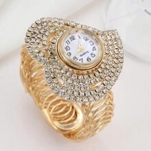 6pcs Ladies Heart Watch Gold Watch Gorgeous Style Women's Alloy Steel Band Quartz Watch With Rhinestone Set, Alloy Gold Bracelet Necklace Earrings Rings Jewelry Set, Heart Point Rhinestone Evening Party - Gold - View 3