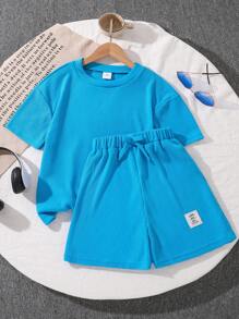 2 件套 Tween 女童纯色圆领 T 恤和短裤套装，夏季 - 藍色 - 查看 1