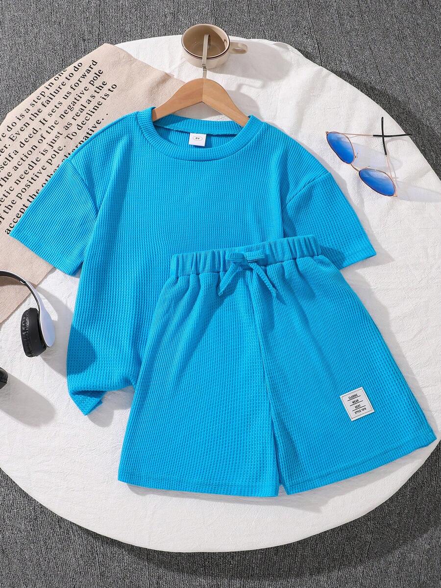 2 件套 Tween 女童纯色圆领 T 恤和短裤套装，夏季 - 藍色 - 查看 1