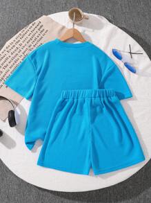 2 件套 Tween 女童纯色圆领 T 恤和短裤套装，夏季 - 藍色 - 查看 2