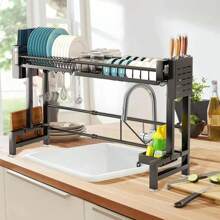 Adjustable Over Sink Dish Drying Rack, 2/1-Tier Carbon Steel Kitchen Organiser With Utensil Holder, Space Saving Countertop Storage Shelf - Black - View 3