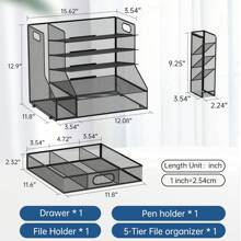 Desk Organizer With File Holder, 5-Tier Mesh Paper Letter Tray Organizer With Pen Holder And Drawer, Desktop Organizer And Storage With 3 Tilted File Sorter For Office Supplies Back To School - Industrial Black - View 6