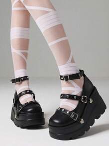 Y2K Style Gothic Girls Lolita Mary Jane Pumps Chunky High Wedges Heart Buckle Punk Fashion Cool Cosplay Women Shoes Valentines - 黑色 - 查看 2