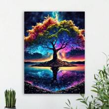 1 Pc Wooden Framed Colorful Tree Of Life Canvas Painting(1)Thickness 2.25cm/ 0.9inch Wall Art Prints Poster Wall Picture Decor For Home Gifts, Living Room, Bathroom, Bedroom, Kitchen, Gift