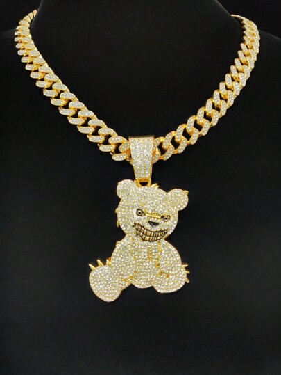 1pc Fashion Creative Bear-Shaped Pendant Necklace, Retro Hip-Hop Style, Suitable For Party Or Daily Wear, 2 Chain Options