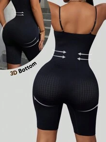 女士粉色罗纹塑身提臀收腹连体裤，中长款，黑色，夏季休闲款 - 黑色 - 查看 2