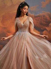 Elisanya 女士奢华香槟色深 V 领高开叉长款薄纱系带后背礼服，适合舞会和宴会的正式晚礼服，梦幻奢华、婚礼和优雅的正式活动、派对礼服、婚礼宾客礼服 - 香檳色 - 查看 8