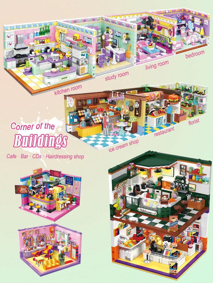 迷你房间积木玩具 - 厨房、卧室、书房、客厅装饰 | 用迷你积木搭建自己的世界 | 可爱多彩的积木合集 | 拼接创意组装积木玩具模型 | 适用于办公室桌面摆件 - 彩色 - 查看 1