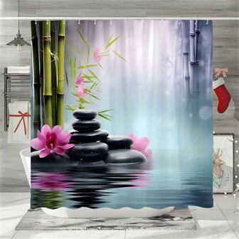1 pieza Cortina de ducha con estampado de flores de piedra de bambú, cortina de ducha impermeable con ganchos, partición de baño, accesorios de decoración de baño, decoración de otoño, accesorios de baño, de vuelta a la escuela