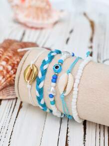 5pcs Set Handmade Seashell Beaded Bracelets, Matching Faux Pearl Evil Eye & Heart Charm Bracelet Jewelry Set For Women Valentines
