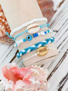 5pcs Set Handmade Seashell Beaded Bracelets, Matching Faux Pearl Evil Eye & Heart Charm Bracelet Jewelry Set For Women Valentines