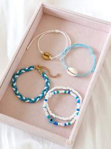 5pcs Set Handmade Seashell Beaded Bracelets, Matching Faux Pearl Evil Eye & Heart Charm Bracelet Jewelry Set For Women Valentines