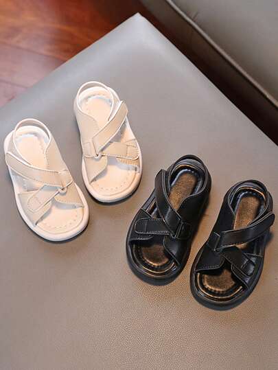 1 par de sandalias versátiles, cómodas y de unicolor para niños/niñas, con diseño de criss-cross brillante y punta abierta, transpirables