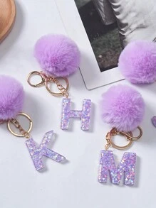 A-Z English Letter Acrylic Key Chain, Purple Furball Pendant, Personalized Wallet/Backpack Key Holder Chain - 1 - View 2