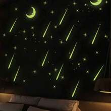 Glow-In-The-Dark Wall Stickers, Romantic Meteor Shower & Moon Fluorescent Decals, Suitable For Children's Room, Wall Decor - Multicolor - View 1