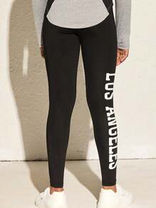 1 件装女孩运动户外黑色紧身裤，侧面字母印花高腰健身紧身裤 - 黑色 - 查看 6