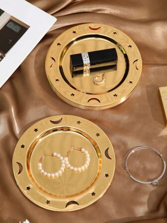 1pc Golden Round Reef Plate European Style Metal Afternoon Tea Tray, Cake Plate, Retro Style , Elegant Tableware Decor For Dinner Plates, Wedding, Party Place Mats, Eid Mubarak