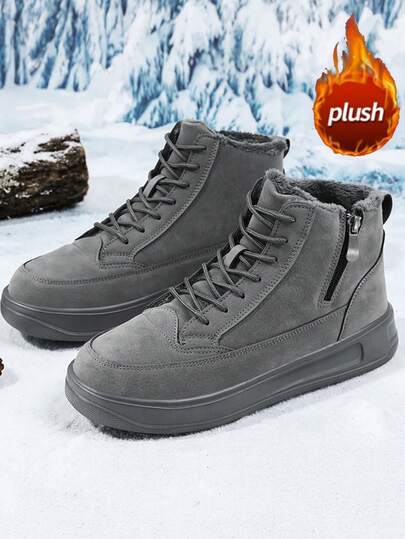 Men's Winter Ankle Boots, Thermal Lined Thick High-Top Warm Leather Snow Boots With Zipper Closure, Waterproof Anti-Slip Outdoor Casual Fashion Couple Motorcycle Boots