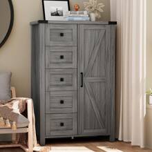 Farmhouse Dresser Storage Cabinet Chest Of Drawer For Bedroom, 5 Drawer Dresser With Barn Door, 48 Inch Tall Wood Dresser, Adjustable Shelves, Rustic, For Living Room, Entryway, Hallway - 灰色 - 查看 1
