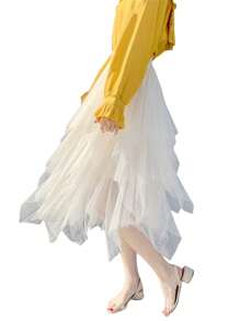 2025 Women's Sexy Solid Color Mesh Skirt, Irregular Elastic Tulle Bubble Skirt, Daily Life And Vacation - 杏色 - 查看 4