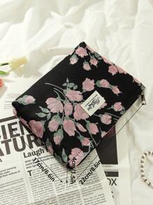 1pc Black Floral Jacquard Pattern Cosmetic Bag, Fashionable Casual Large Capacity Zipper Makeup Bag, Essential For Travel & Holiday